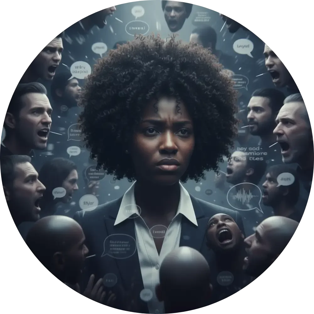 Black woman concerned with many faces and quotes surrounding her face