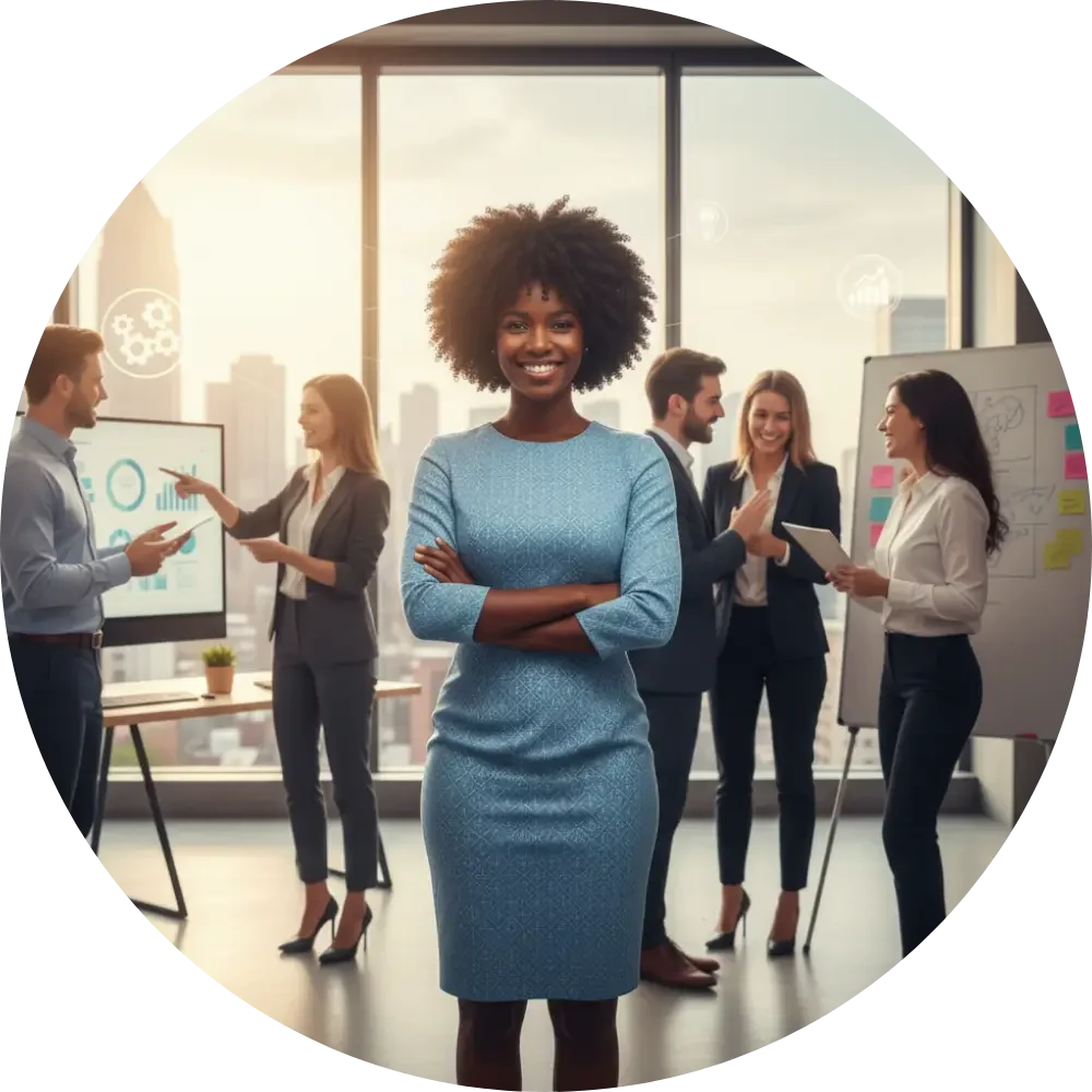 Confidence corporate woman standing in blue dress with arms cross smiling in front of colleagues