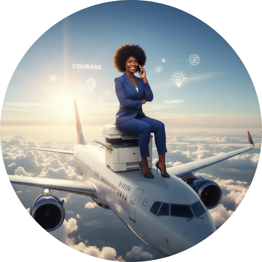 Image of black woman sitting on top of a printer on top of an airplane talking on a cell phone